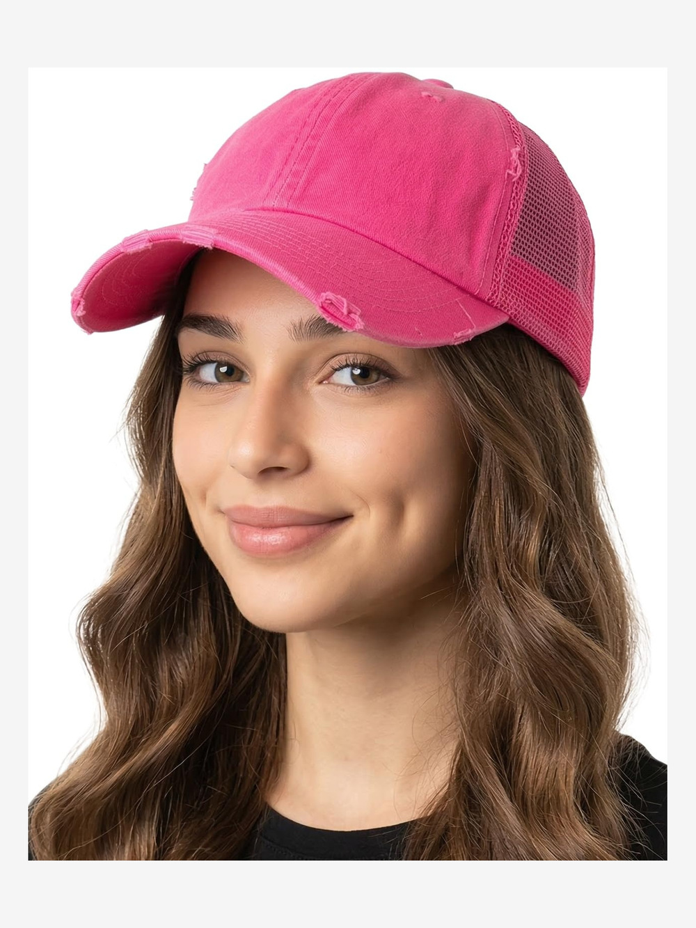 Distressed Mesh Low Profile Trucker Hat Snapback Cap | Hot Pink | Size OS